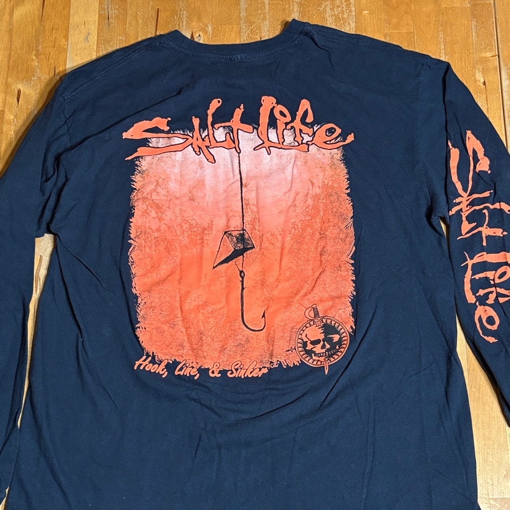 Salt Life Men's Dark Blue and Orange Long Sleeve Tee